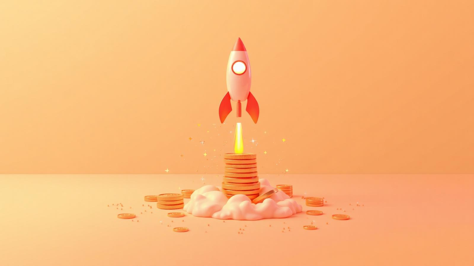 Rocket launching from a stack of coins, representing project funding