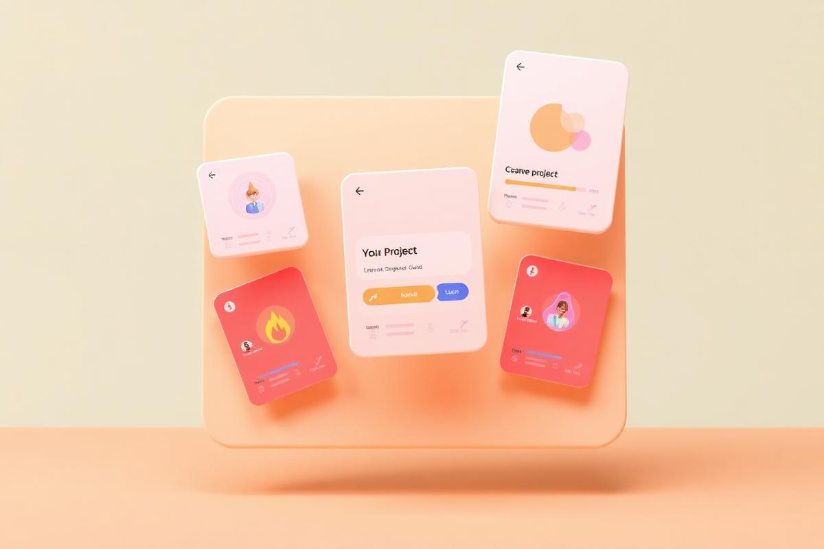 Floating project cards showing creator profiles and progress bars