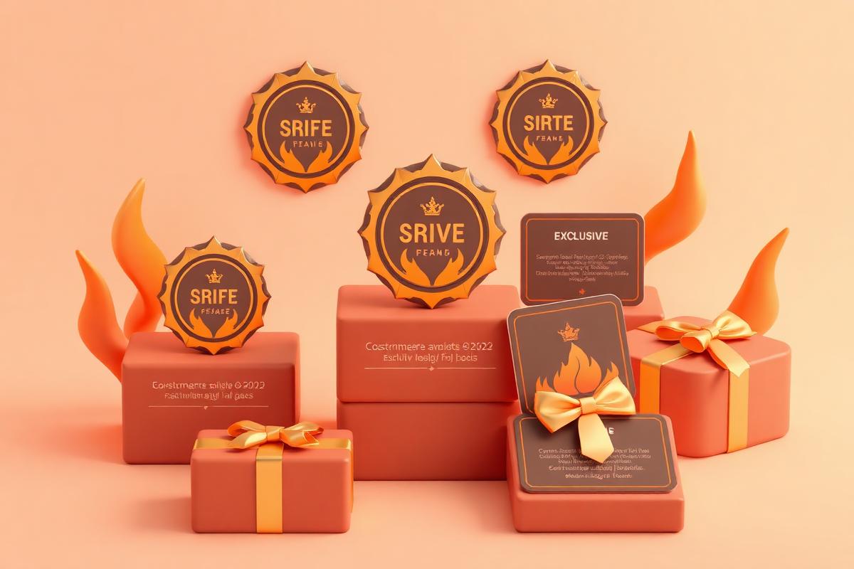 Gift boxes and reward tier badges with flame accents